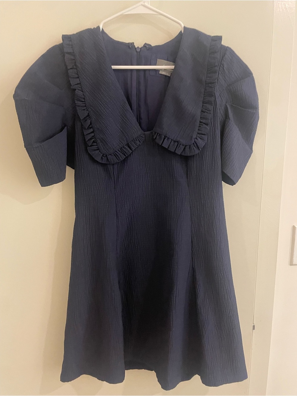 Anthropologie Textured Navy A-Line Dress with Ruffled Collar